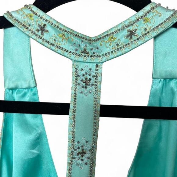 Laundry by Shelli Segal Silk Aqua Beaded Halter Dress Size 4 Bias Cut - Picture 7 of 8
